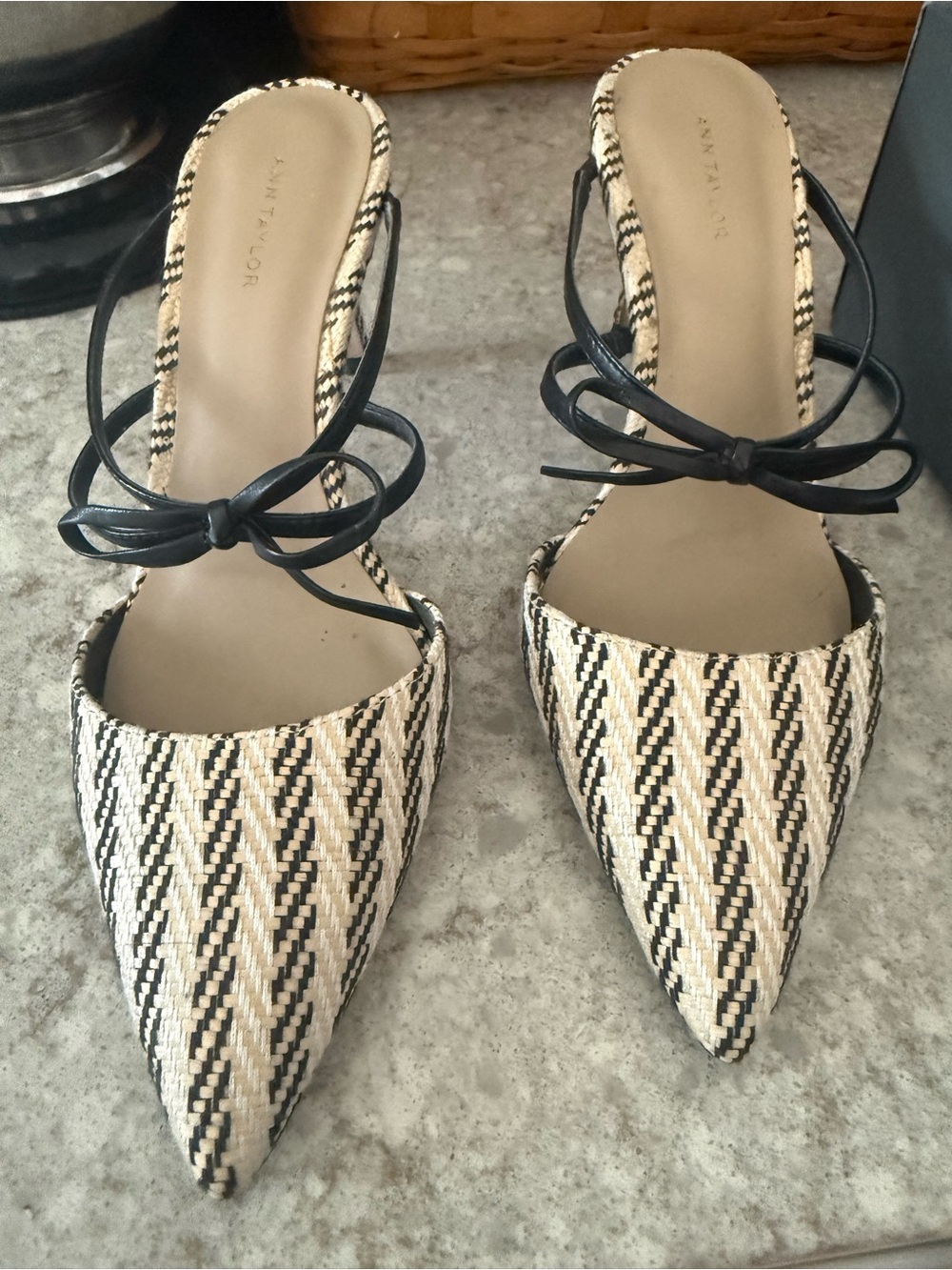Ann Taylor Black & Natural Woven Pointed-Toe Mules with Bow Straps